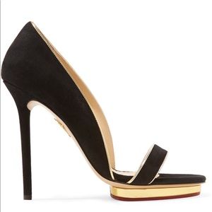 Charlotte Olympia BNWT black suede heels gold